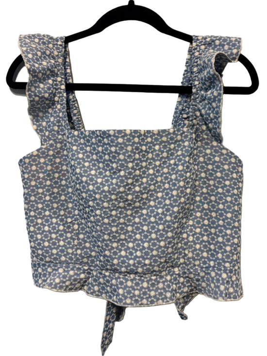 KIRIOUS LOS ANGELES Tops - Kirious Eyelet Ruffle Sleeveless Tie Back Blouse Top - Blue and White - XL